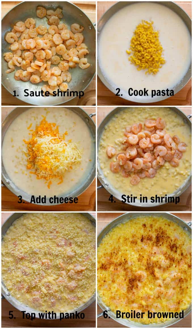 Collage of step by step process to make shrimp mac and cheese.