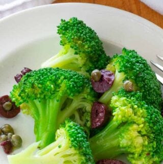 Broccoli salad with kalamata olives and capers.