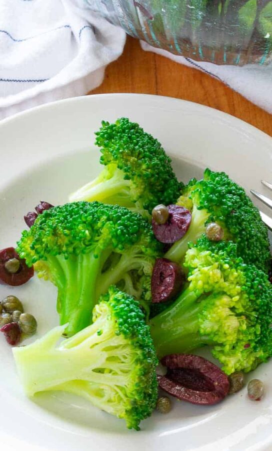 Broccoli salad with kalamata olives and capers.
