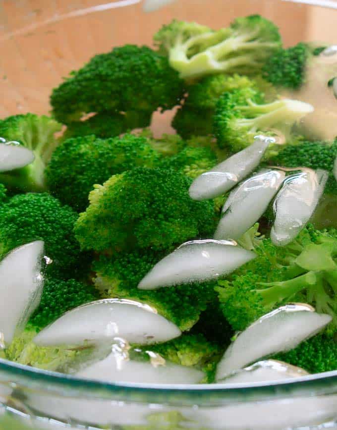 Broccoli florets in an ice bath.