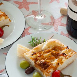 Potato focaccia with caramelized onions.