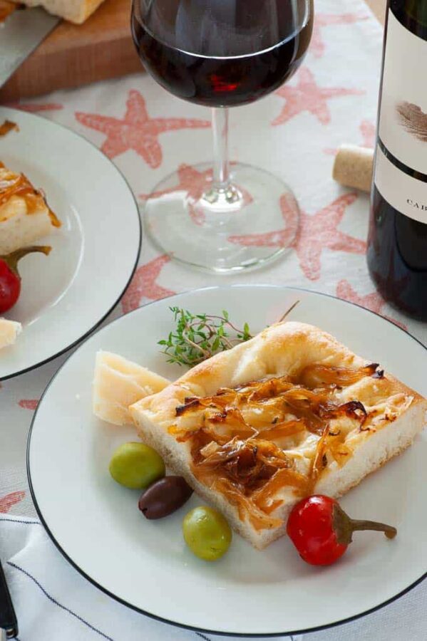 Potato focaccia with caramelized onions.