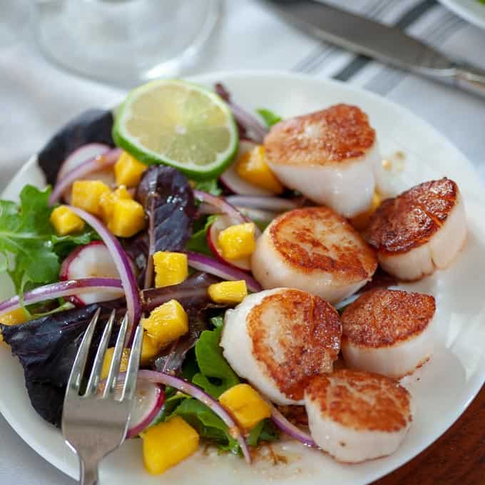 Plate of seared scallop salad with spring greens.