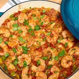 Casserole dish of jambalaya ready to serve.