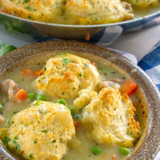 bowl of chicken and drop biscuits ready to eat.