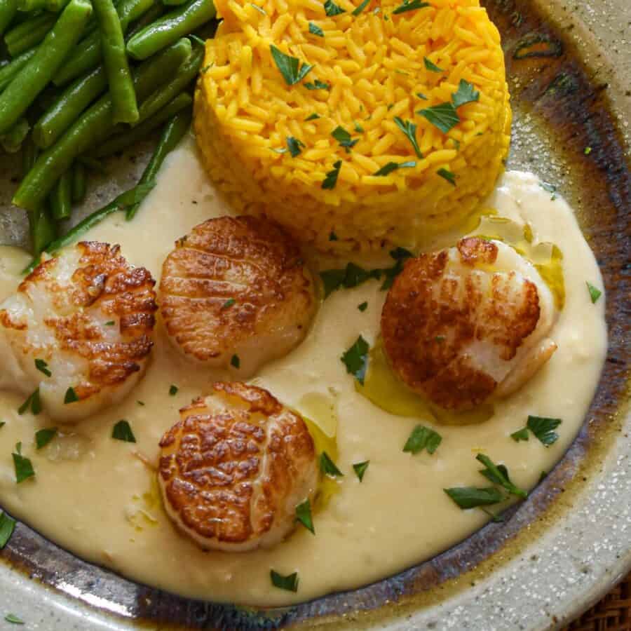 Close up view of seared scallops on lobster brandy sauce.