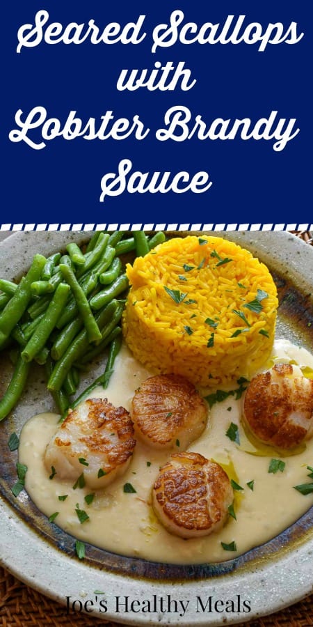 Seared Scallops with Lobster Brandy Sauce collage for Pinterest.