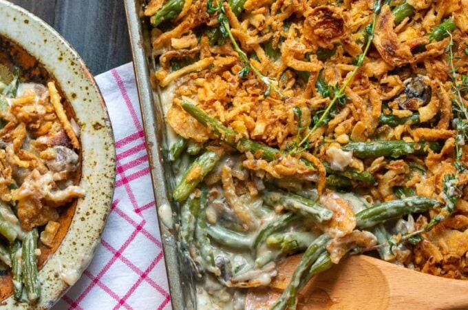 Overhead view of green bean casserole.