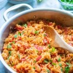 Mexican rice in a skillet ready to serve.