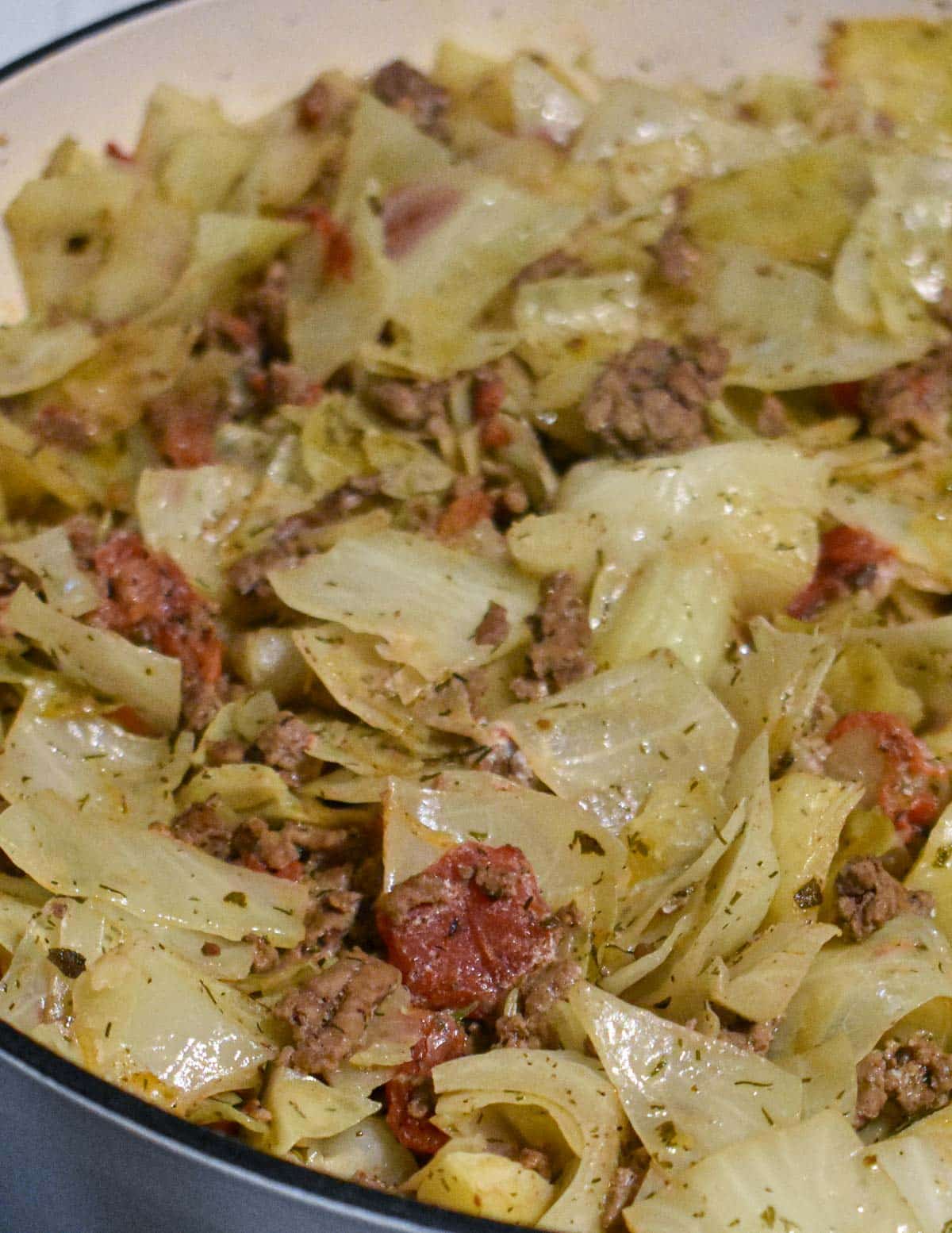 Cabbage and ground beef in the skillet ready to eat.