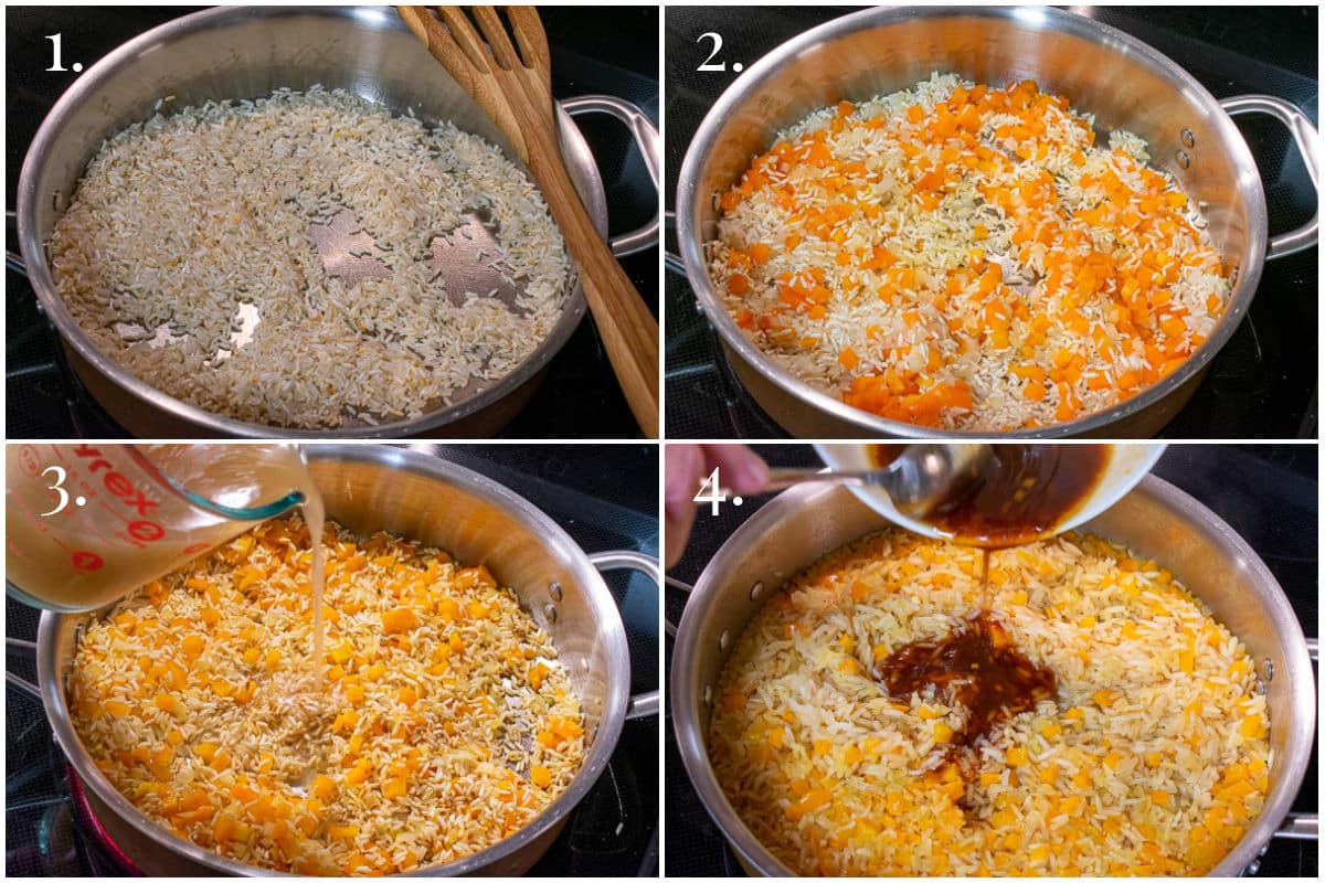4 picture collage of the process of making the rice dish.