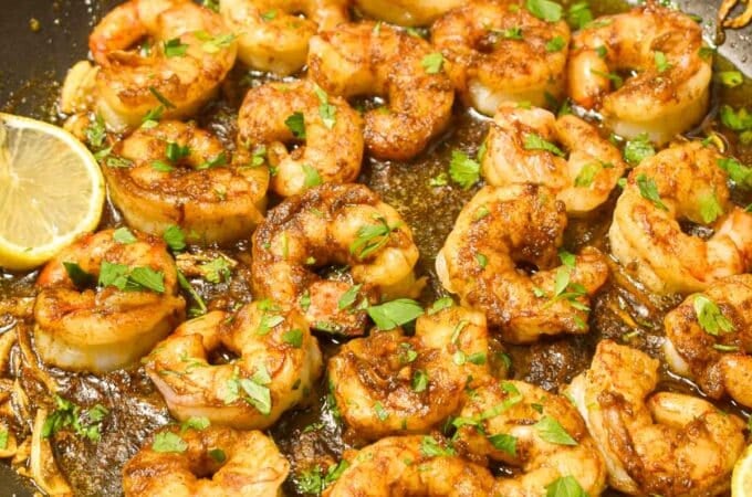 Cooked shrimp in a skillet ready to serve.